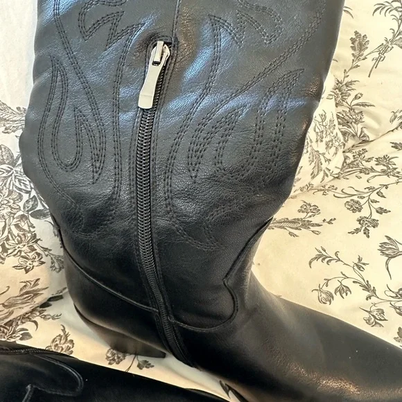 Black Knee High Western Cowboy Boots Flame Stitch Embroidery Zip Pointed Toe 7 - Picture 2 of 4